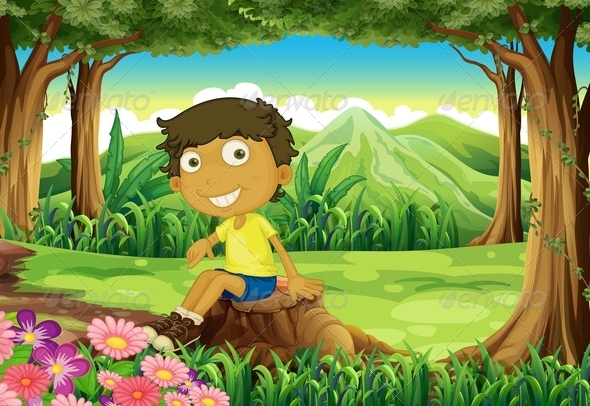 A Playful Young Boy Above the Stump A Playful Young Boy Above the Stump