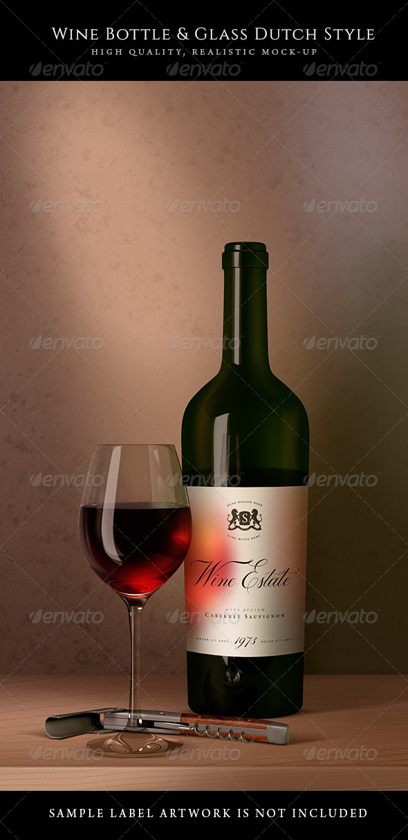 Wine Bottle, Glass and Knife Mock-Up Dutch Style