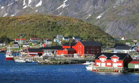 Norway village Reine with red house