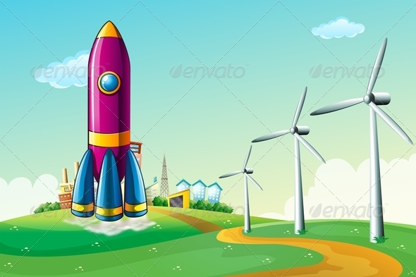 Hilltop with a Rocket Near Windmills