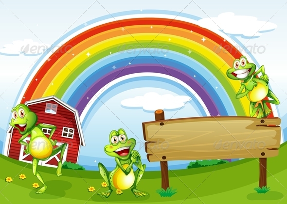 Empty Wooden Board with Frogs and a Rainbow Empty Wooden Board with Frogs and a Rainbow