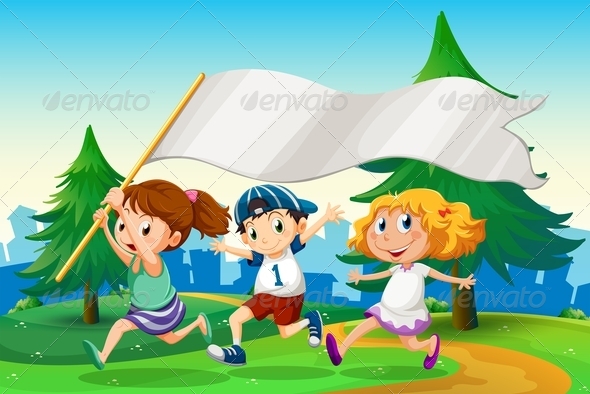 Three Kids Running with an Empty Flag Banner