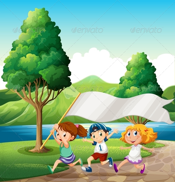 Kids running along a Riverbank Kids running along a Riverbank