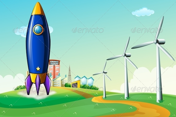 Rocket on a Hill Near Windmills