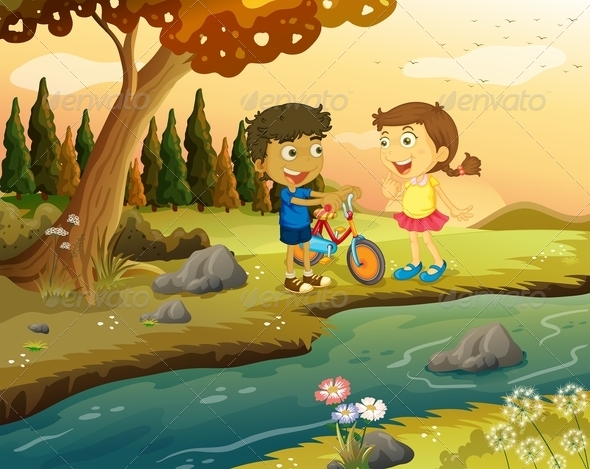 A Boy and a Girl with a Bike Standing at the River A Boy and a Girl with a Bike Standing at the River
