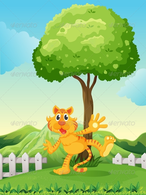 A Playful Tiger Under the Tree at the Hilltop A Playful Tiger Under the Tree at the Hilltop