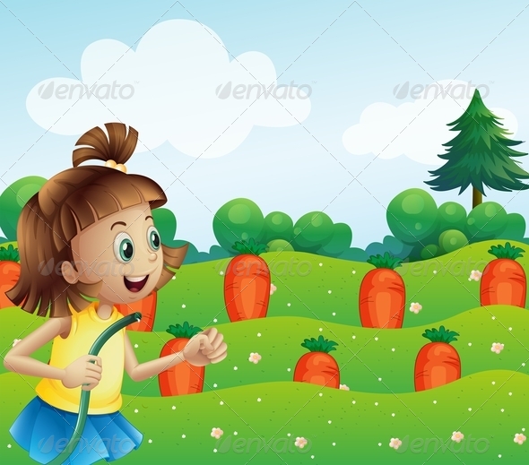 Happy Girl Watering the Carrots on the Farm Happy Girl Watering the Carrots on the Farm