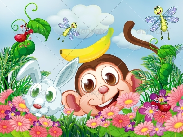 GraphicRiver Monkey and a Rabbit in a Garden with Insects 7995392 GraphicRiver Monkey and a Rabbit in a Garden with Insects 7995392
