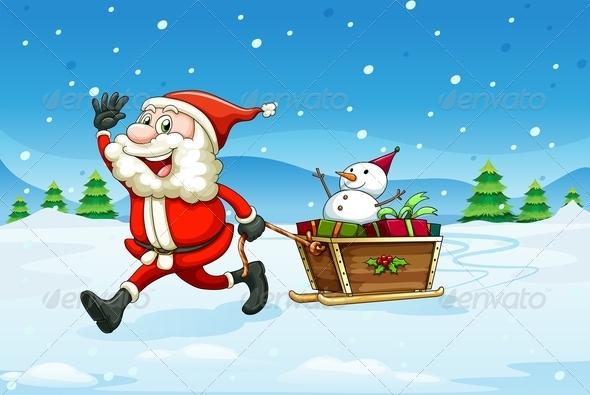 Cheerful Santa with Wooden Sleigh Cheerful Santa with Wooden Sleigh