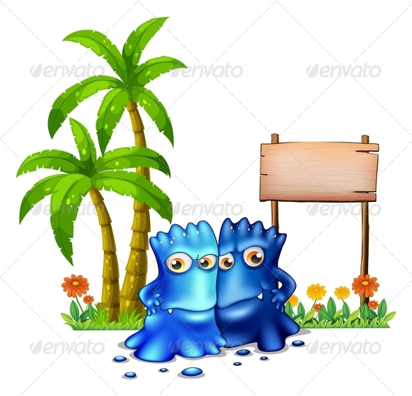 GraphicRiver Two Blue Monsters with Empty Sign 8002359 GraphicRiver Two Blue Monsters with Empty Sign 8002359