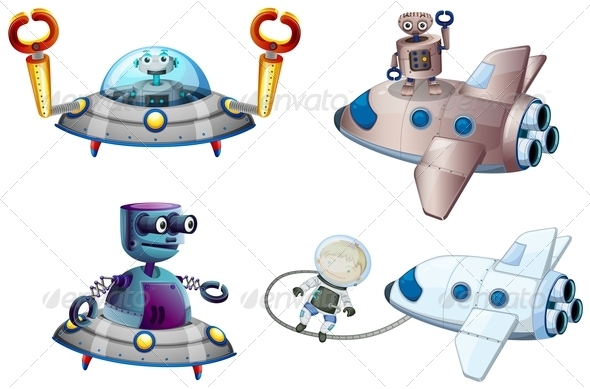 Spaceships with Robot and a Young Boy Spaceships with Robot and a Young Boy