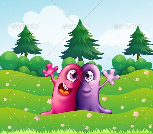 Two One-Eyed Monsters near Pine Trees Two One-Eyed Monsters near Pine Trees