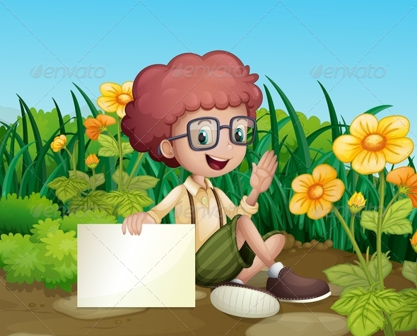 Boy in the Flowers and Blank Sign Boy in the Flowers and Blank Sign