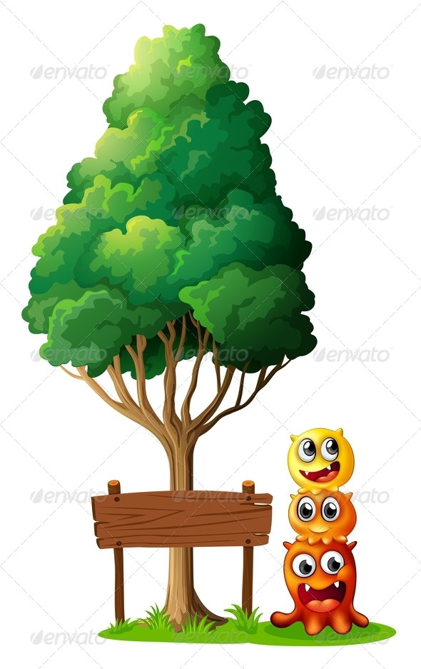 GraphicRiver Three Monsters with Tree and Empty Sign 8014111 GraphicRiver Three Monsters with Tree and Empty Sign 8014111