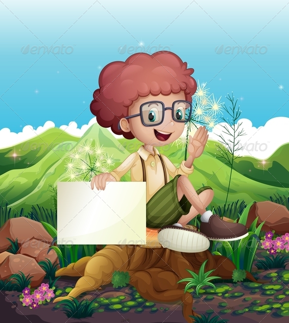 GraphicRiver Boy Sitting on Stump with an Empty Sign 8015577 GraphicRiver Boy Sitting on Stump with an Empty Sign 8015577