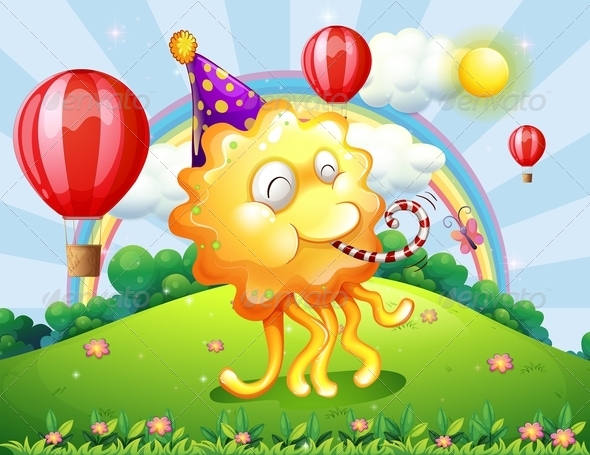 A Very Happy Monster at the Hilltop with a Rainbow A Very Happy Monster at the Hilltop with a Rainbow