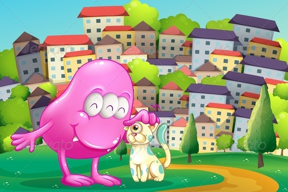 Pink Monster Patting a Pet on a Hilltop