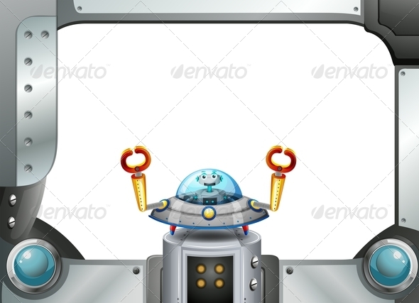 A Metal Frame Border with a Robot Inside a Saucer A Metal Frame Border with a Robot Inside a Saucer