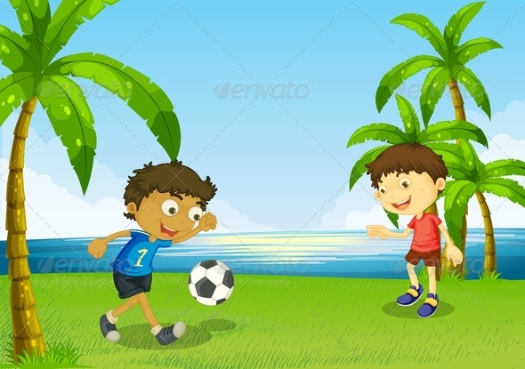 Boys Playing Football at the Riverbank Boys Playing Football at the Riverbank
