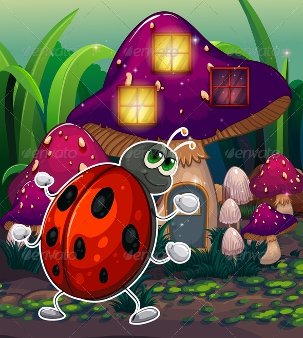 Bug in Front of a Lighted Mushroom House Bug in Front of a Lighted Mushroom House