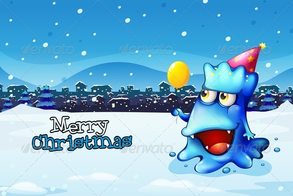 Christmas Card Template with a Blue Monster