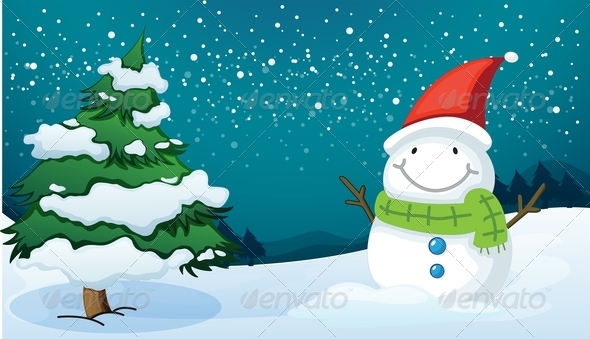 Smiling Snowman Near a Pine Tree Smiling Snowman Near a Pine Tree
