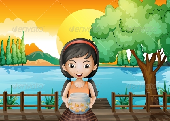 A Girl at the Bridge Holding an Aquarium A Girl at the Bridge Holding an Aquarium