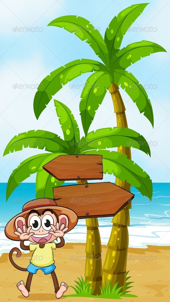 A Monkey at the Seashore Near the Wooden Arrowboard A Monkey at the Seashore Near the Wooden Arrowboard