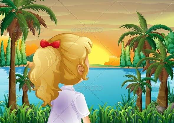 A Girl Watching the Sunset at the Riverbank A Girl Watching the Sunset at the Riverbank