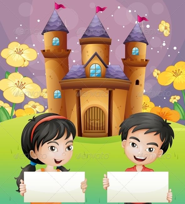GraphicRiver Kids with Empty Signs and Castle 8054386 GraphicRiver Kids with Empty Signs and Castle 8054386