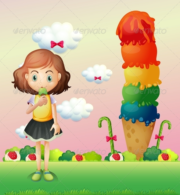 A Girl Eating an Ice Cream Beside a Giant Ice Cream