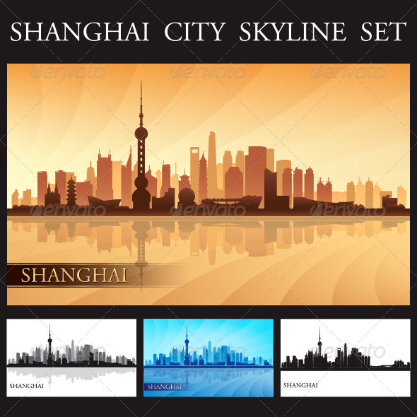 Shanghai City Skyline Silhouettes Set (Buildings)