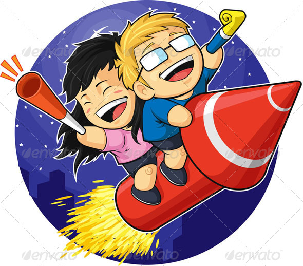 Boy & Girl Riding New Year Firework Boy & Girl Riding New Year Firework
