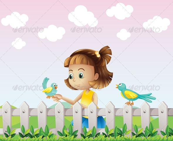 A Young Girl Playing with the Birds near the Fence A Young Girl Playing with the Birds near the Fence
