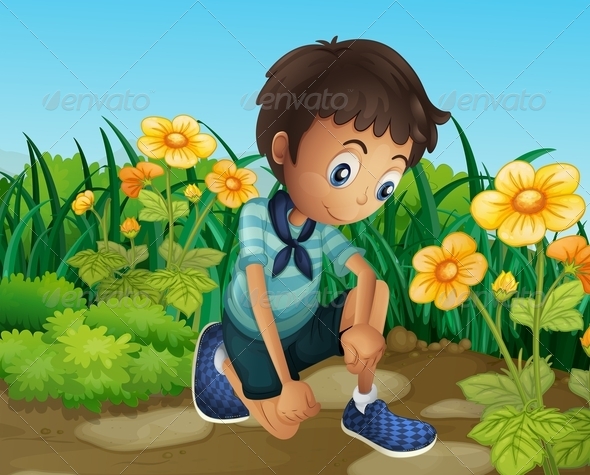 A Sad Boy Near the Blooming Flowers A Sad Boy Near the Blooming Flowers