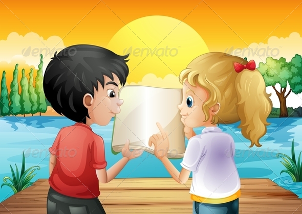 GraphicRiver Girl and Boy with Empty Book at River 8071985 GraphicRiver Girl and Boy with Empty Book at River 8071985