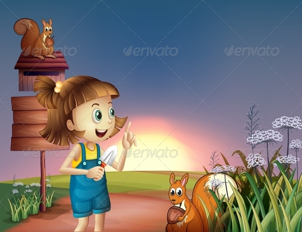 A Girl with a Shovel Standing near the Wooden Sign A Girl with a Shovel Standing near the Wooden Sign