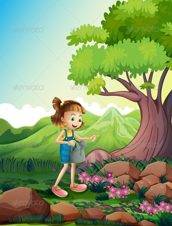 Girl Watering the Plants Near Rocks Girl Watering the Plants Near Rocks