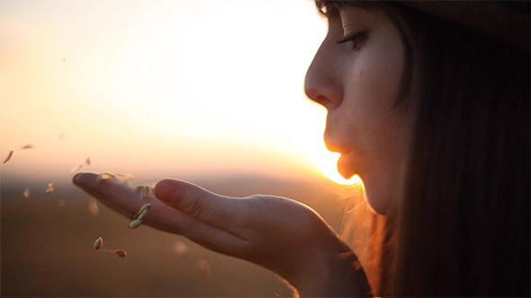 Girl Blows Away the Cereals of the Hand Girl Blows Away the Cereals of the Hand