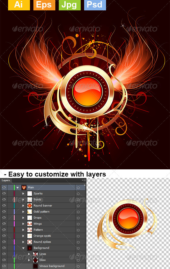 Hot Round Banner with Fiery Wings Hot Round Banner with Fiery Wings