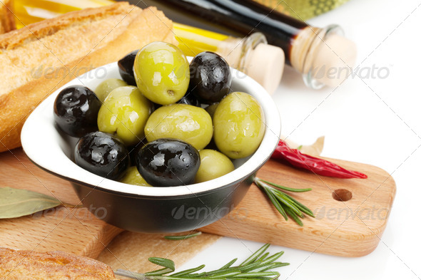 Italian food appetizer of olives, bread and spices (Misc) Photo Download