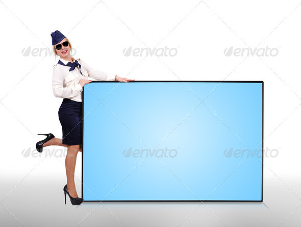 Flight attendant holding big panel (Misc) Photo Download
