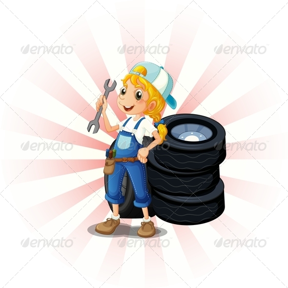 GraphicRiver Female Mechanic in Front of Tires 8131413 GraphicRiver Female Mechanic in Front of Tires 8131413