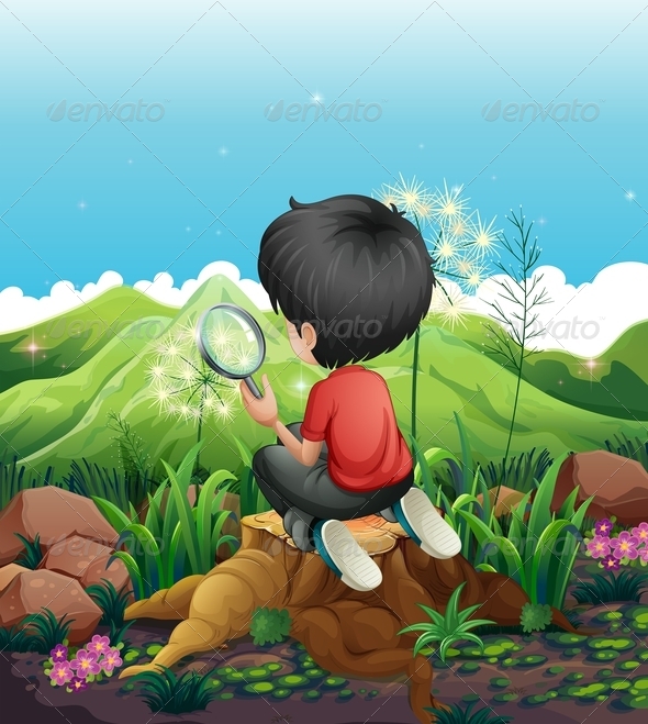 A Boy on a Stump with a Magnifying Glass A Boy on a Stump with a Magnifying Glass