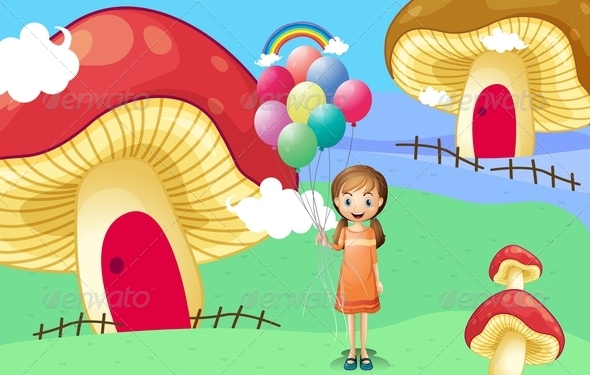 GraphicRiver Girl with balloons by the mushroom houses 8139115 GraphicRiver Girl with balloons by the mushroom houses 8139115