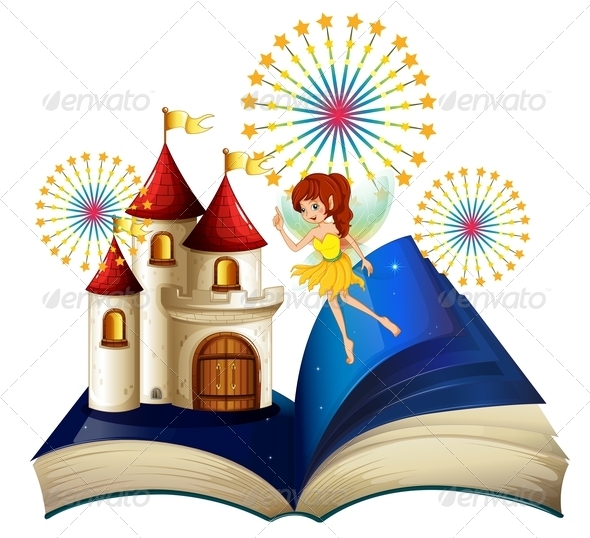 A Storybook with a Flying Fairy near the Castle