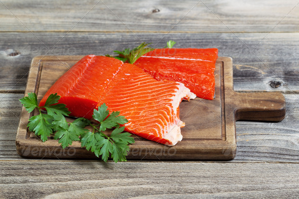 Fresh Red Salmon on Wooden Server (Misc) Photo Download