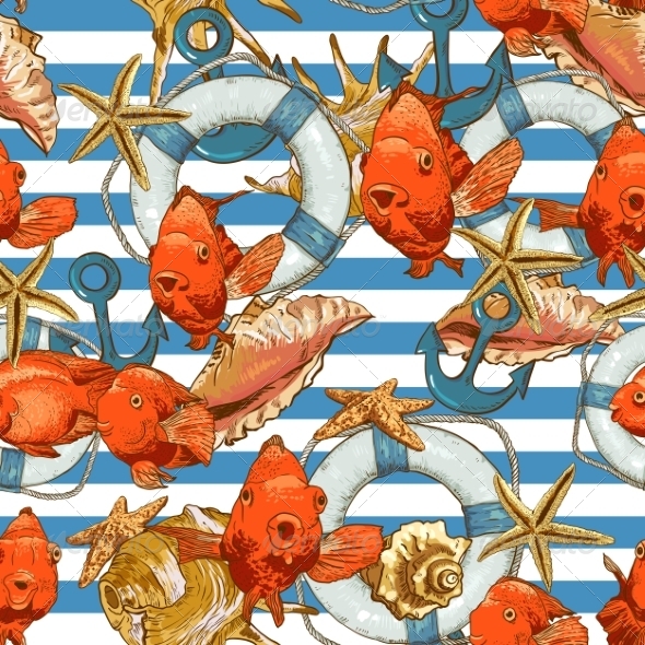 Seamless Background with Sea Shells and Fish Seamless Background with Sea Shells and Fish