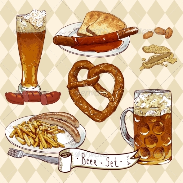 GraphicRiver Beer Set with Beer Glasses Pretzel and Sausages 8193116 GraphicRiver Beer Set with Beer Glasses Pretzel and Sausages 8193116