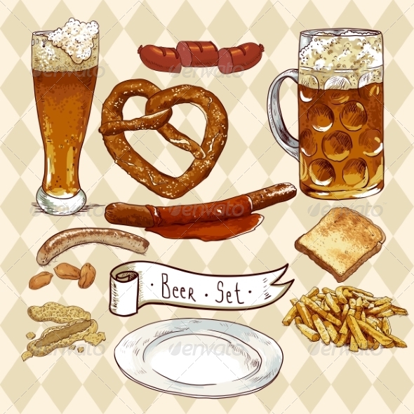 GraphicRiver Beer Set with Beer Glasses Pretzel and Sausages 8193121 GraphicRiver Beer Set with Beer Glasses Pretzel and Sausages 8193121